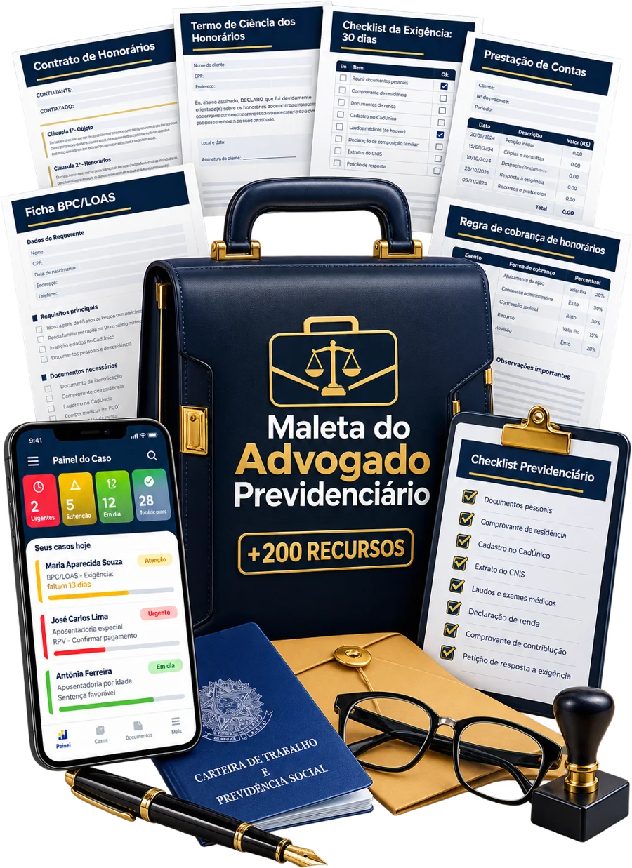 Maleta do Advogado Previdenciário: documentos em Word, app Painel do Caso no celular e bônus