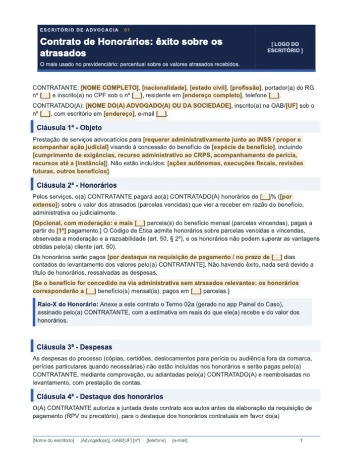 Contrato de honorários: êxito sobre os atrasados (Word)