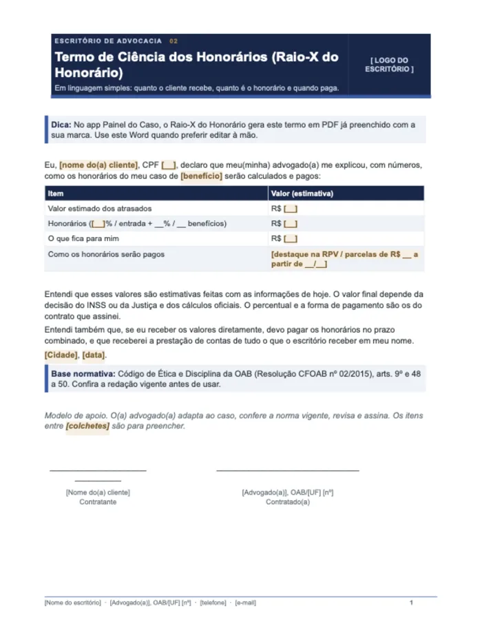 Termo de ciência dos honorários (Word)