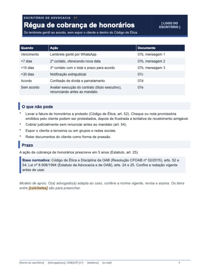 Régua de cobrança de honorários (Word)